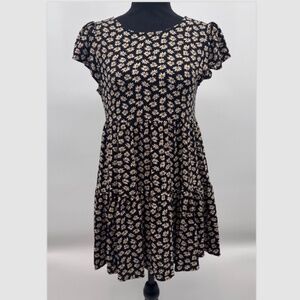 American Eagle Dress Women Small Black Daisy Sun Tiered Short Sleeve 90s Cottage